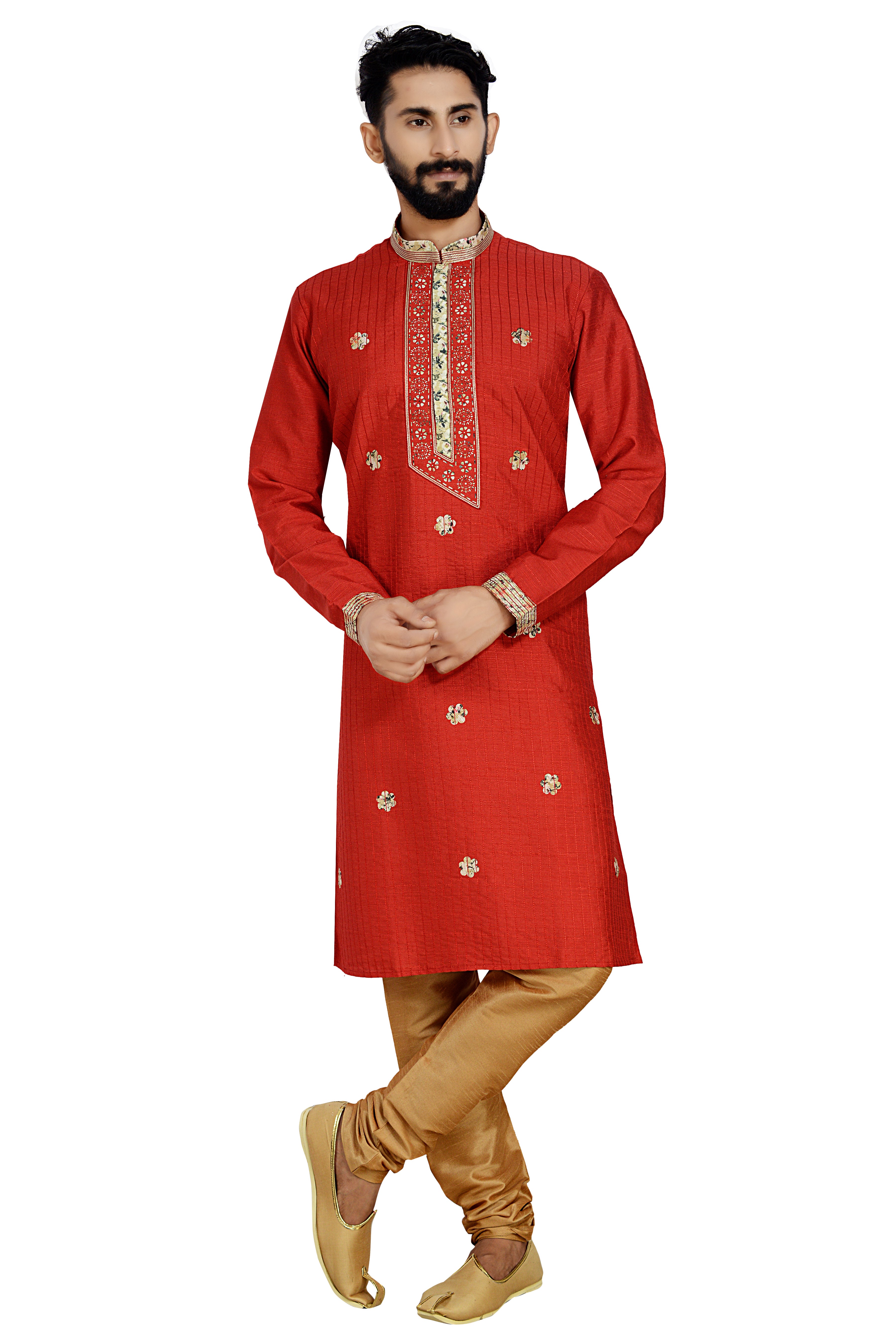 Dhupion Art Silk Kurta With Pajama In Red