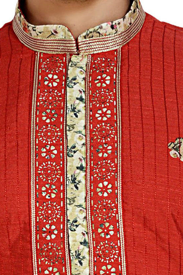 Men's Dhupion Art Silk Printed Kurta With Pajama In Royal Blue