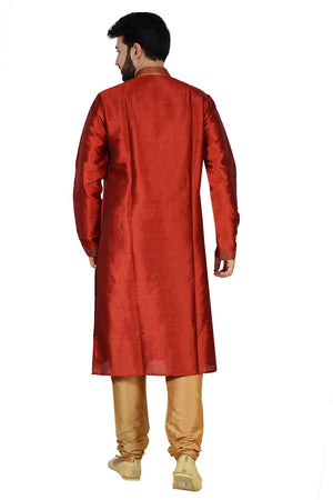 Men's Dhupion Silk Solid Kurta With Pajama In Red