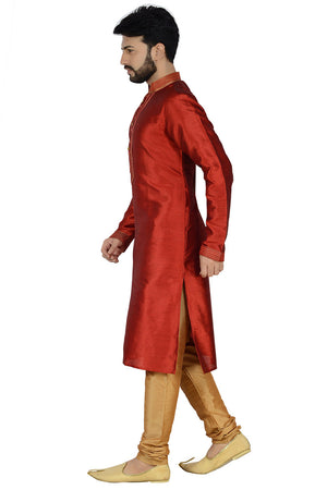 Men's Dhupion Silk Solid Kurta With Pajama In Red