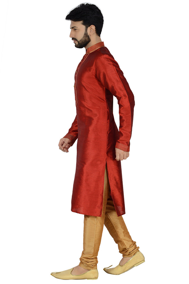 Men's Dhupion Silk Solid Kurta With Pajama In Red