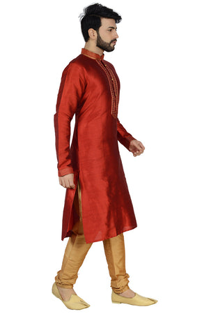 Men's Dhupion Silk Solid Kurta With Pajama In Red