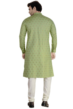 Buy Men's Linen Silk Foil Printed Kurta Churidar in Green - Back