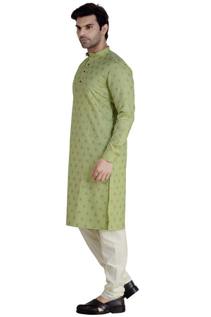 Buy Men's Linen Silk Foil Printed Kurta Churidar in Green - Side