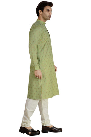 Buy Men's Linen Silk Foil Printed Kurta Churidar in Green - Zoom In