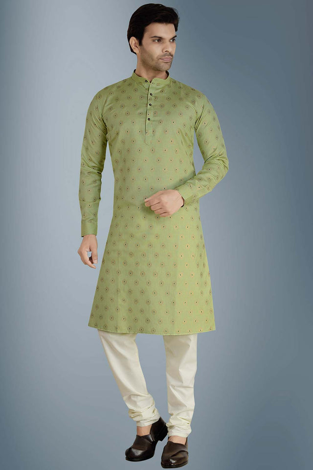 Buy Men's Linen Silk Foil Printed Kurta Churidar in Green