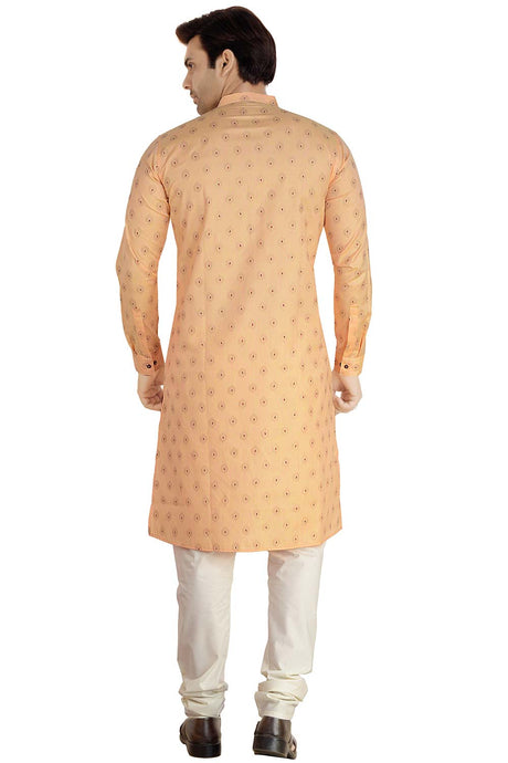 Buy Men's Linen Silk Foil Printed Kurta Churidar in Peach - Back
