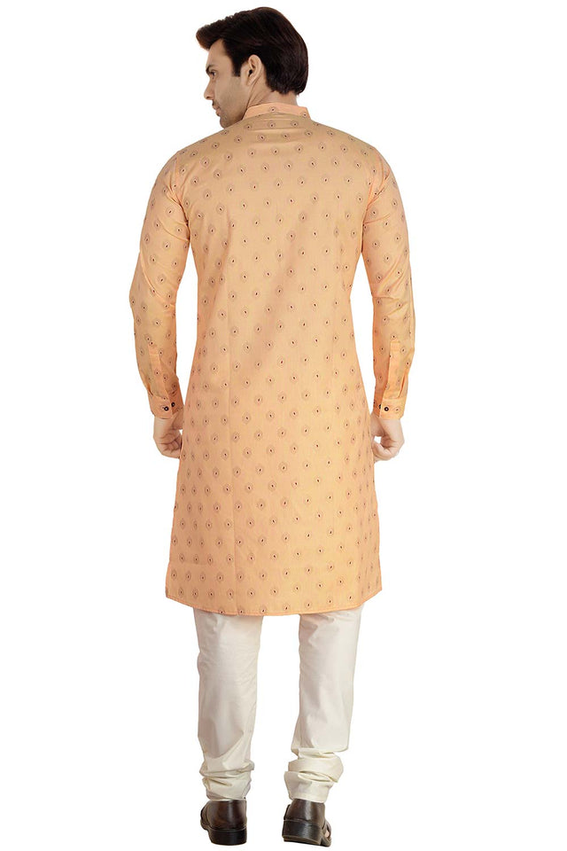 Buy Men's Linen Silk Foil Printed Kurta Churidar in Peach - Back