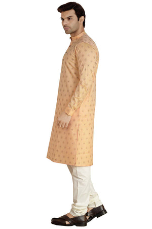 Buy Men's Linen Silk Foil Printed Kurta Churidar in Peach - Side