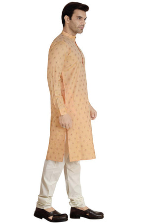 Buy Men's Linen Silk Foil Printed Kurta Churidar in Peach - Zoom In