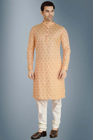 Buy Men's Linen Silk Foil Printed Kurta Churidar in Peach