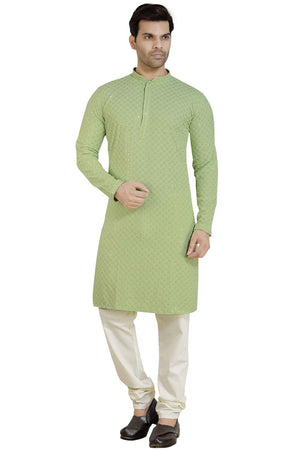 Men's Pista Green Rayon Cotton Sequin Embroidery Kurta Pajama Set