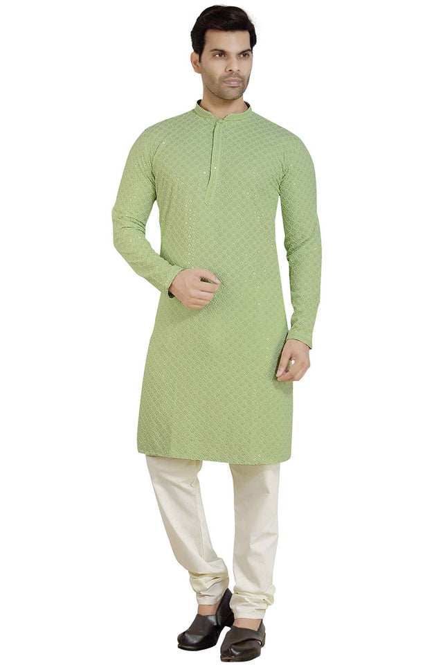 Men's Pista Green Rayon Cotton Sequin Embroidery Kurta Pajama Set