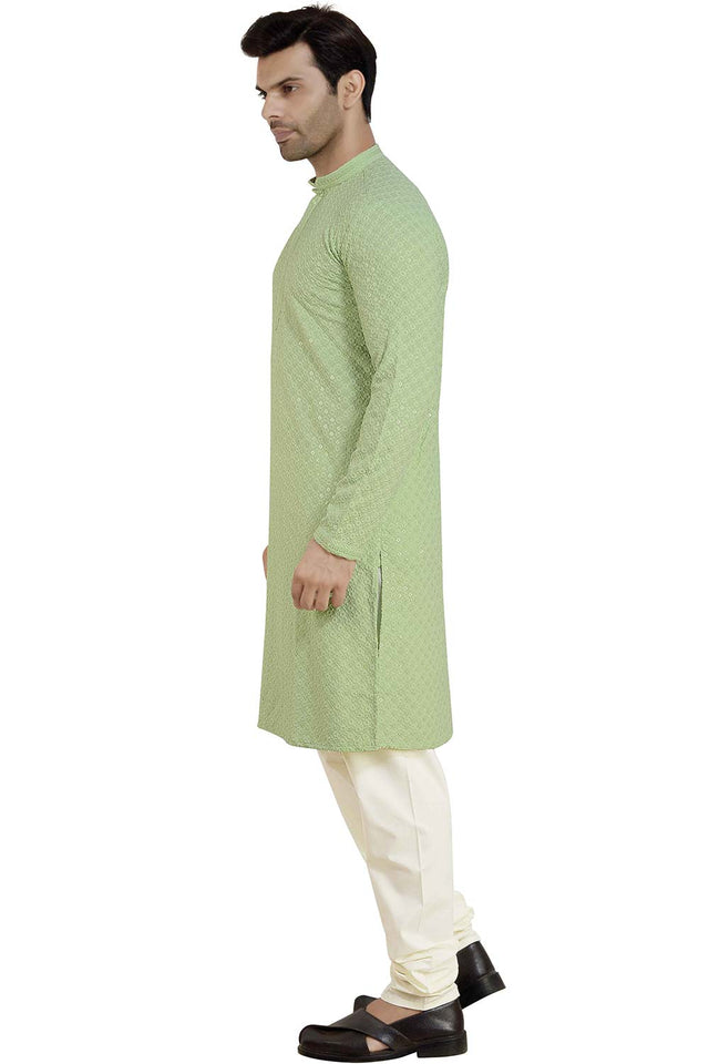 Men's Pista Green Rayon Cotton Sequin Embroidery Kurta Pajama Set