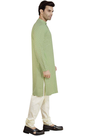 Men's Pista Green Rayon Cotton Sequin Embroidery Kurta Pajama Set
