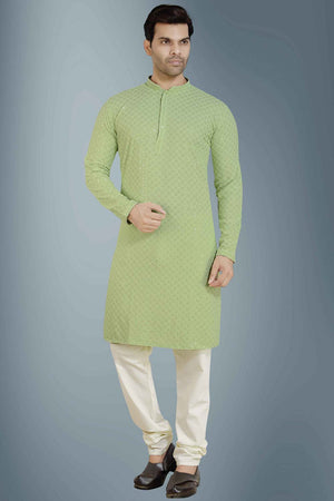 Men's Pista Green Rayon Cotton Sequin Embroidery Kurta Pajama Set