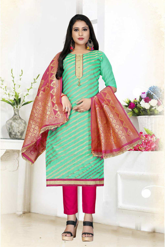 Buy Art Silk Woven Jacquard Dress Material in Teal