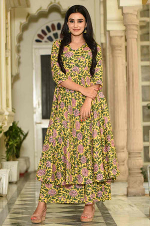 Buy Women's Muslin Printed Suit Set in Golden