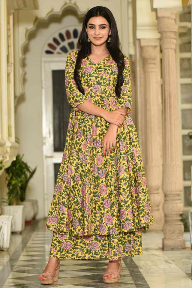 Buy Women's Muslin Printed Suit Set in Golden