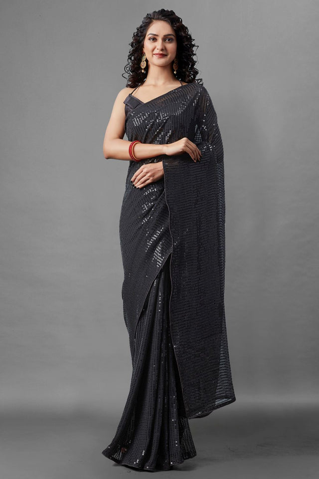 Buy Women's Georgette Sequins Embroidery Saree in Black