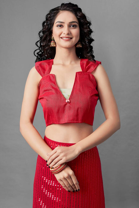 Womens Red Color Banglori Silk Deep Neck Sleevless Plain Blouse For Sa –