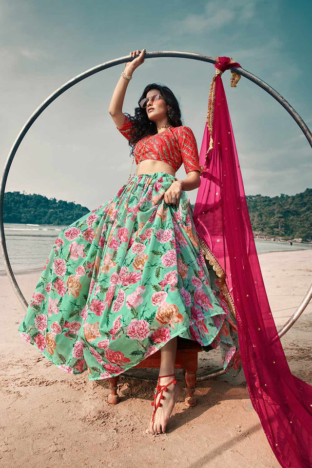 Buy Soft Net Floral Print Lehenga Choli in Red