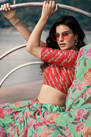 Red Blouse with Sky Blue Lehenga