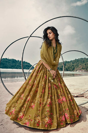 Buy Soft Net Floral Print Lehenga Choli in Olive Green