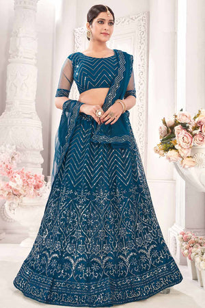 Buy Net Sequin Lehenga Choli in Teal Blue
