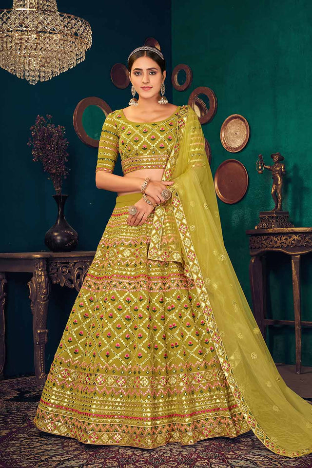 Buy Faux Georgette Embroidery Lehenga Choli in Green