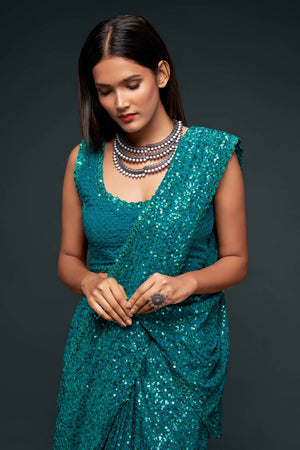 Buy Faux Georgette Saree in Teal Blue