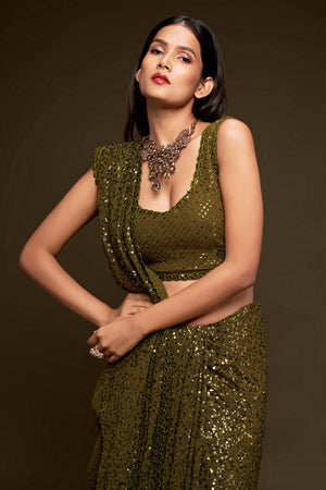 Buy Faux Georgette Saree in Mahendi