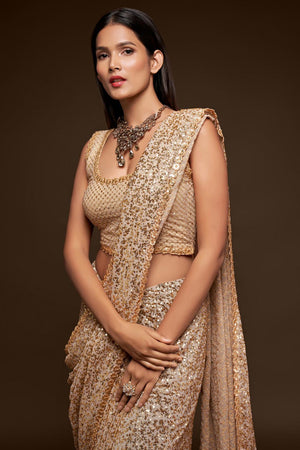 Buy Faux Georgette Saree in Beige