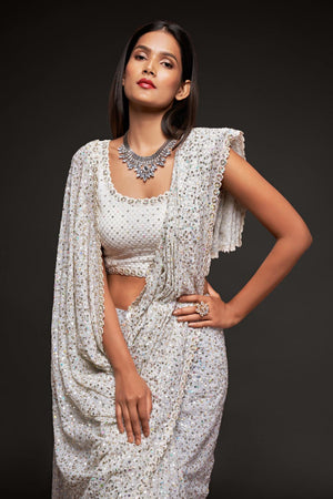 Buy Faux Georgette Saree in Pearl White
