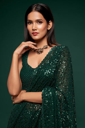 Buy Faux Georgette Green Saree Online