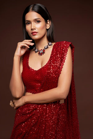 Buy Faux Georgette Red Saree