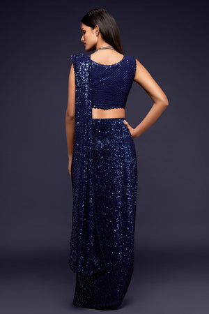 Blue Faux Georgette Sequins Saree
