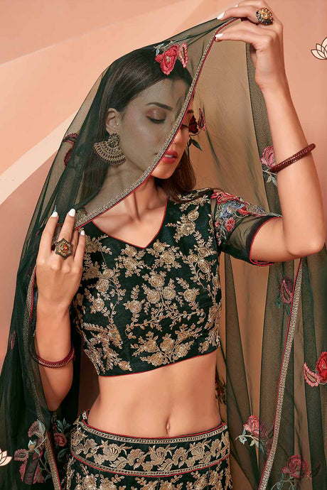 Green Embroidered Net Lehenga and Choli