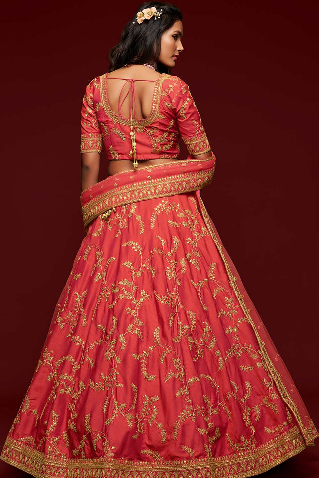 Peach Thread Embroidered Silk Lehenga Choli