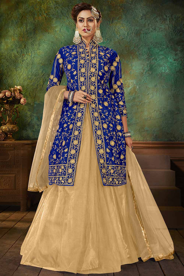 Buy Velvet Embroidered Dress Material in Royal Blue