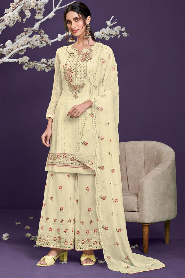 Cream Georgette Thread, Sequins Embroidered Palazzo Suit Set
