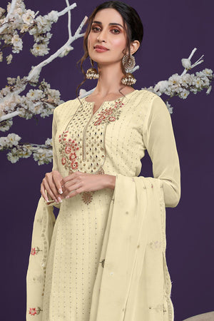Cream Georgette Thread, Sequins Embroidered Palazzo Suit Set