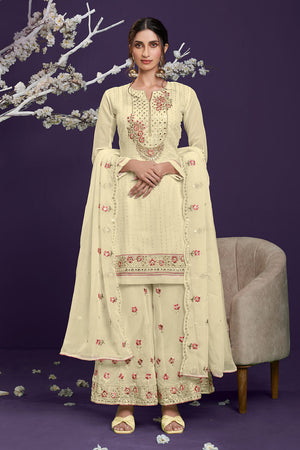 Cream Georgette Thread, Sequins Embroidered Palazzo Suit Set