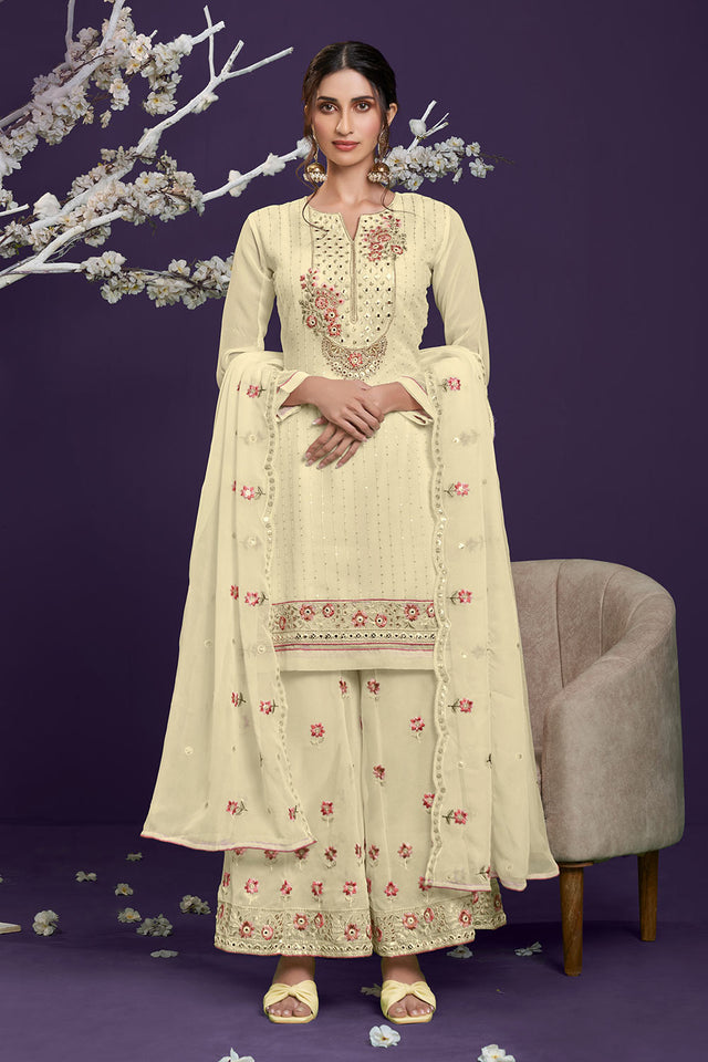 Cream Georgette Thread, Sequins Embroidered Palazzo Suit Set