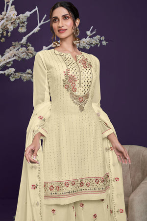 Cream Georgette Thread, Sequins Embroidered Palazzo Suit Set