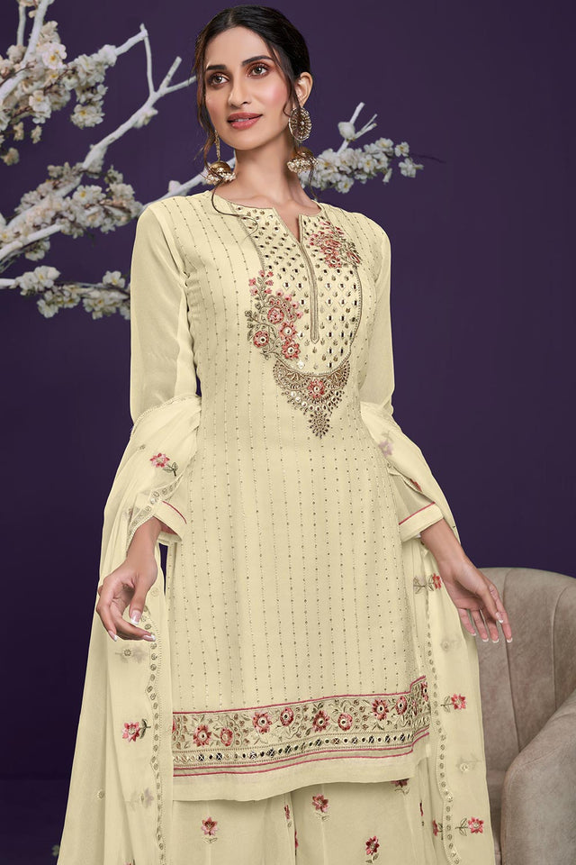 Cream Georgette Thread, Sequins Embroidered Palazzo Suit Set