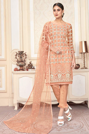 Buy Net Sequin Embroidered Dress Material in Peach Online