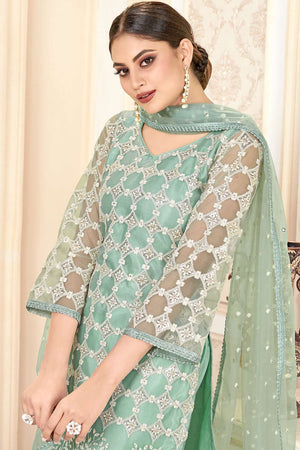 Buy Net Sequin Embroidered Dress Material in Pista Online - Back