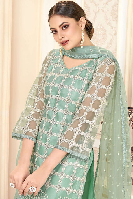 Buy Net Sequin Embroidered Dress Material in Pista Online - Back