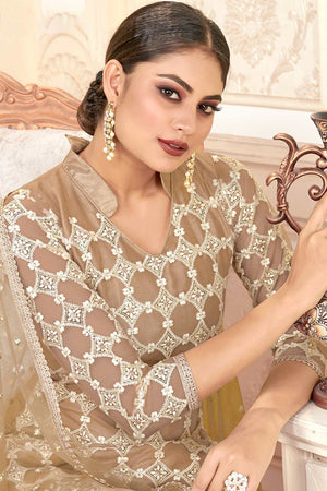 Buy Net Sequin Embroidered Dress Material in Light Brown Online - Back